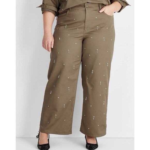 Future Collective Wide Leg Mid-Rise Olive Embellished Pants Size 24 - Picture 1 of 12
